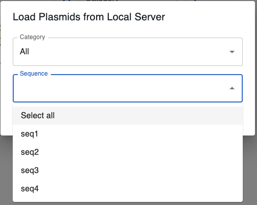 Screenshot of sequence import form showing select all option