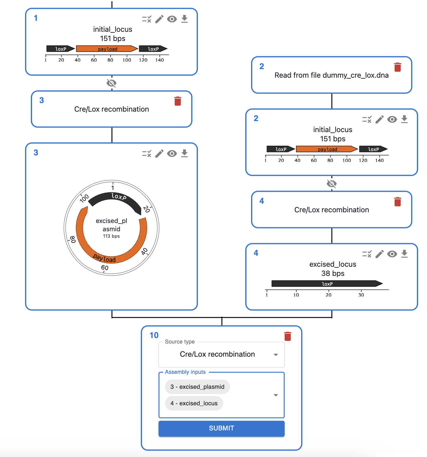 Screenshot of Cre/LoxP recombination interface in OpenCloning showing assembly inputs selection