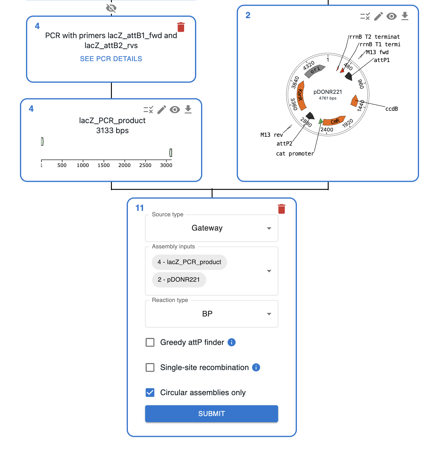 Screenshot of Gateway cloning interface in OpenCloning showing assembly inputs selection