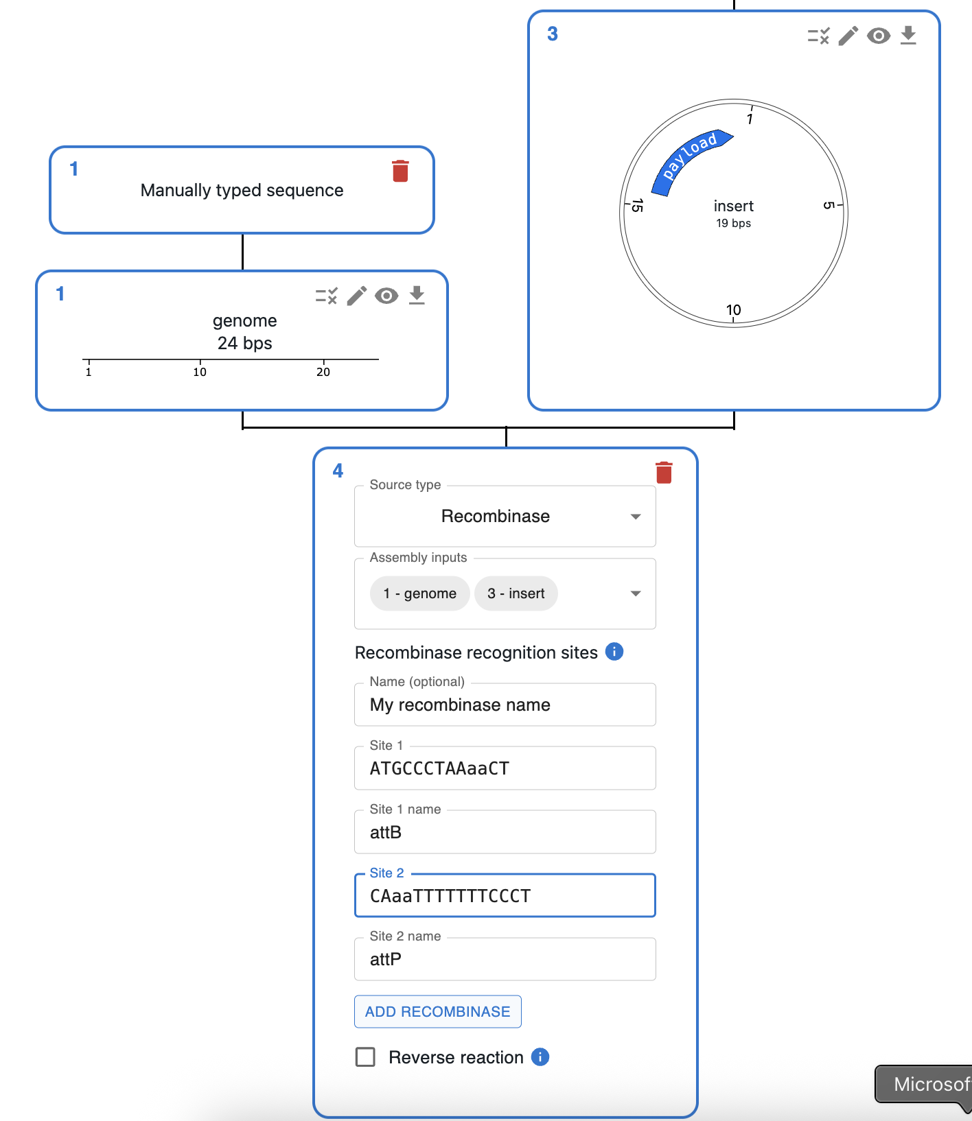 Screenshot of Recombinase interface in OpenCloning showing site inputs and Add recombinase button